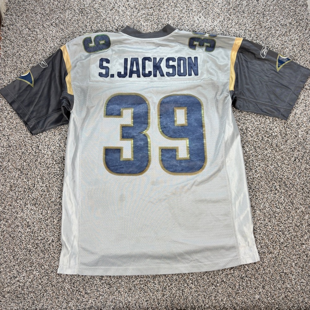 Reebok NFL Men's Large St Louis Rams Steven Jackson 39 Jersey Silver Throwback